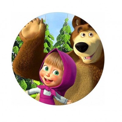 Ilustração redonda de rapariga com capuz roxo e urso castanho com árvores ao fundo