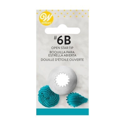 Boquilha metálica Wilton número 6B para decoração de bolos estrela aberta em embalagem branca e azul.