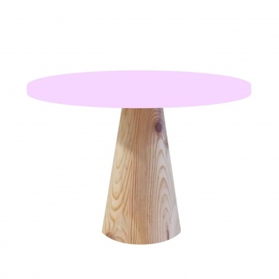 Mesa redonda com tampo rosa claro e base cónica em madeira