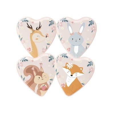 Ímanes em forma de coração com desenhos de animais em tons pastel