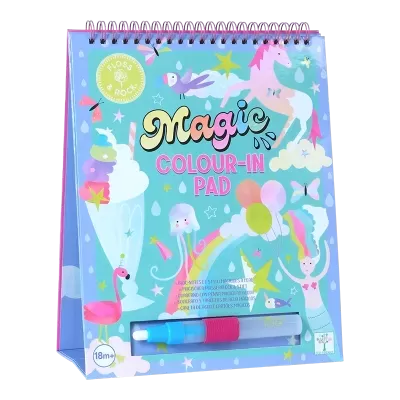 Bloco para colorir azul com desenhos de unicórnio e flamingo acompanhado por caneta azul.
