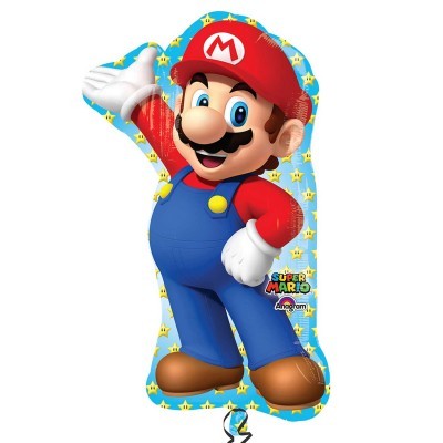 Balão de alumínio do personagem Mario do jogo Super Mario com fundo azul e estrelas amarelas