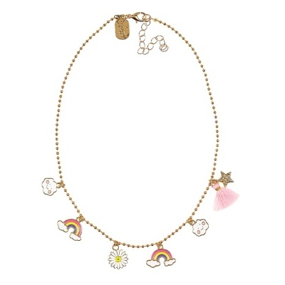 Colar dourado com pingentes coloridos de nuvens, arcos-íris, flor e estrela com franjas rosa