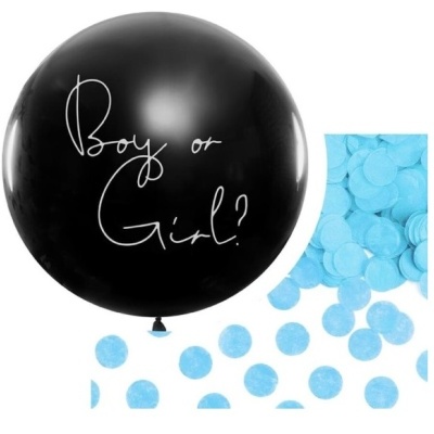 Balão preto com texto 'Boy or Girl?' e confettis azuis redondos