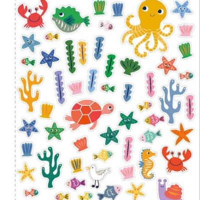 Folha de autocolantes de criaturas e plantas marinhas coloridas