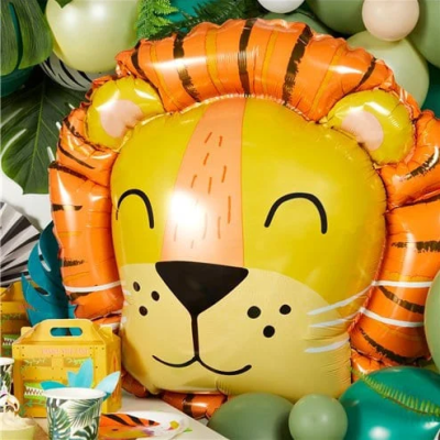 Balão inflável de leão amarelo e laranja com decoração de festa