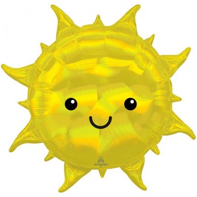 Balão amarelo metálico em forma de sol com rosto sorridente