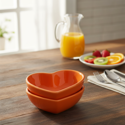 Pratos em formato de coração laranja empilhados sobre uma mesa com sumo e frutas ao fundo