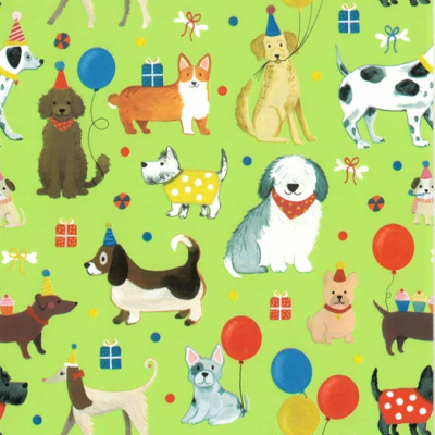 Papel de embrulho verde com cães coloridos, balões, presentes e bolos desenhados.