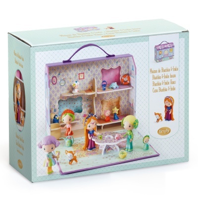 Caixa de brinquedo de casa de bonecas portátil com figuras e mobília colorida.