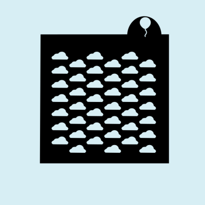 Produto quadrado preto com ícones de nuvens azuis claras e um balão preto no canto superior direito