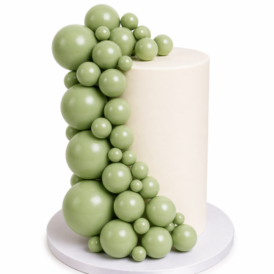 Bolo cilíndrico branco decorado com bolas verdes brilhantes de vários tamanhos