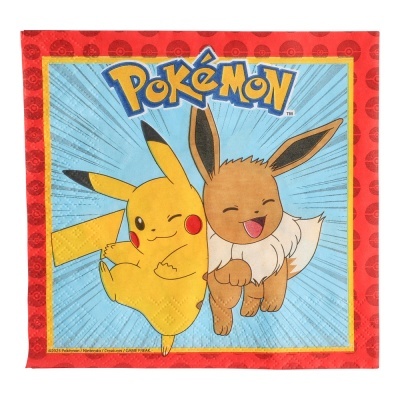 Toalha azul com moldura vermelha com padrão, personagens Pikachu e Eevee e texto POKÉMON