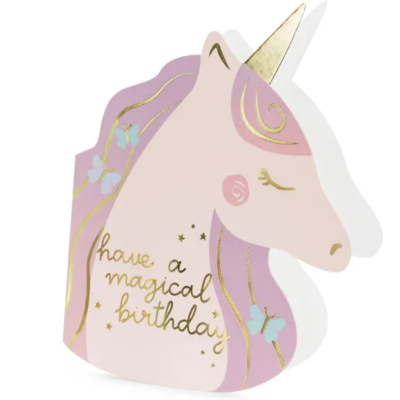 Cartão de aniversário de unicórnio rosa e lilás com texto dourado