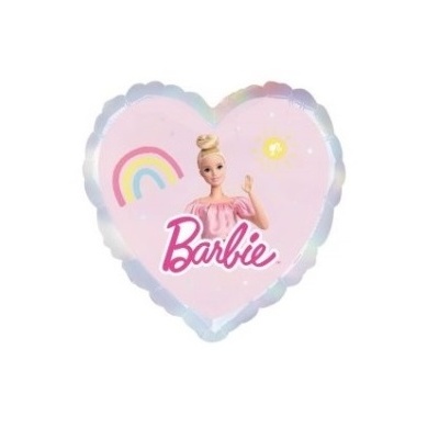 Balão em forma de coração rosa com Barbie, arco-íris e sol
