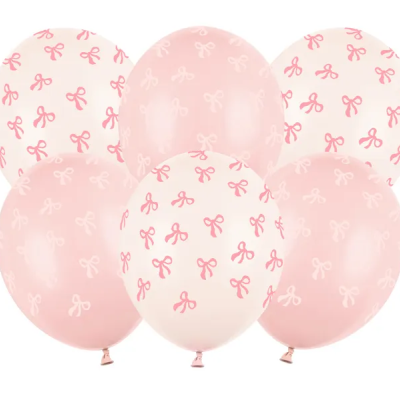 Seis balões rosa claro e creme com padrão de laços cor de rosa