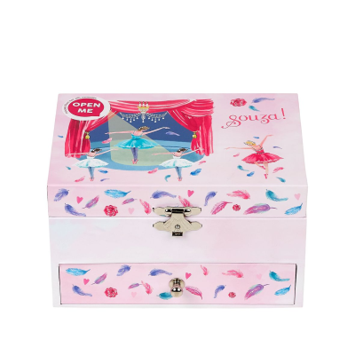 Caixa cor-de-rosa decorada com bailarinas, plumas e texto