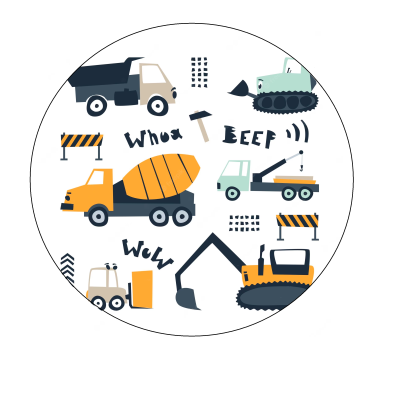 Veículos de construção estilizados e palavras relacionadas com sons de máquinas em fundo branco