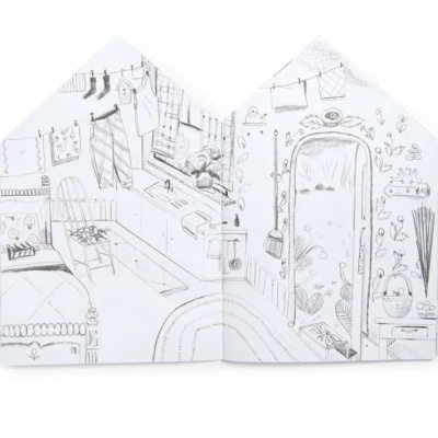 Desenho artístico em forma de casa com interior doméstico em preto e branco