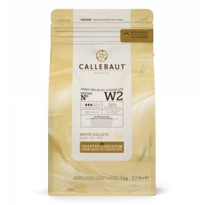 Embalagem amarelo e branco de gotas de chocolate branco Callebaut de 1 kg