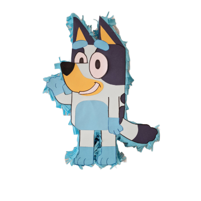 Piñata em forma de cão azul com franjas azuis