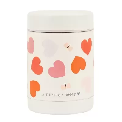 Frasco térmico branco com corações coloridos e texto decorativo