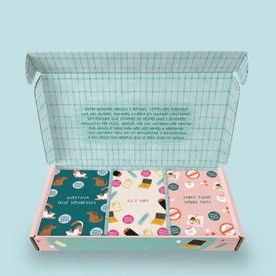 Caixa aberta com três blocos de notas coloridos e texto no interior da tampa