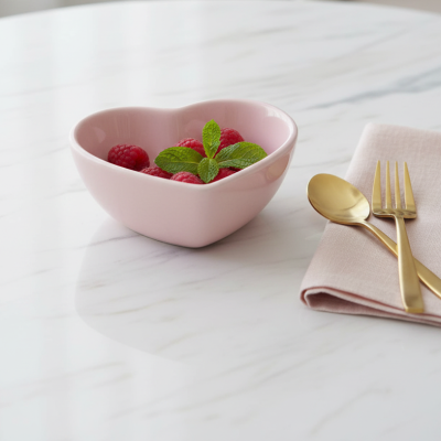 Taça rosa em forma de coração com framboesas e hortelã ao lado de guardanapo rosa e talheres dourados