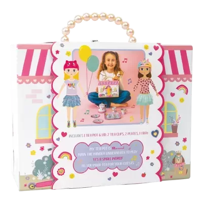 Caixa de brinquedo com desenhos coloridos e alça de pérolas.