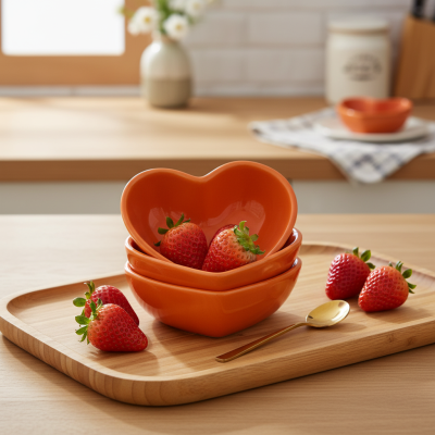 Tigelas laranja em forma de coração com morangos numa tábua de madeira numa cozinha