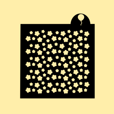 Mosaico quadrado preto com flores claras e balão no canto superior direito sobre fundo amarelo