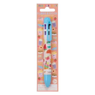 Caneta esferográfica multi-cor decorada com desenhos de doces em embalagem rosa
