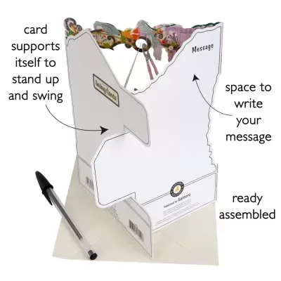 Postal 3D em cartão branco com suporte para ficar em pé e espaço para mensagem