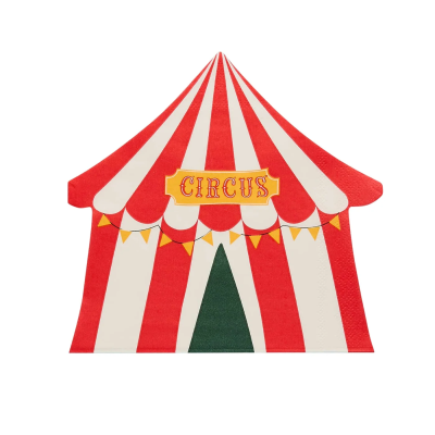 Guardanapo de papel em forma de tenda de circo com riscas vermelhas e brancas e texto CIRCUS