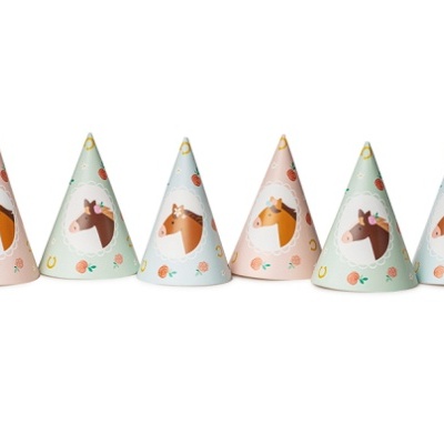 Seis chapéus de festa em papel com design de cavalos lado a lado