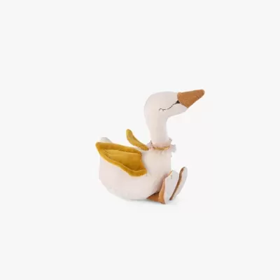 Boneco de peluche em forma de pato branco sentado com asas amarelas e bico castanho