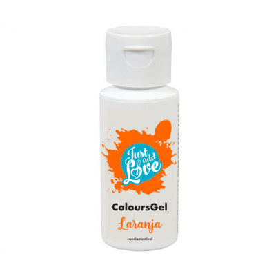 Frasco branco de gel colorido laranja com etiqueta colorida