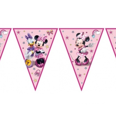 Bandeiras triangulares cor de rosa decoradas com Minnie Mouse e Margarida
