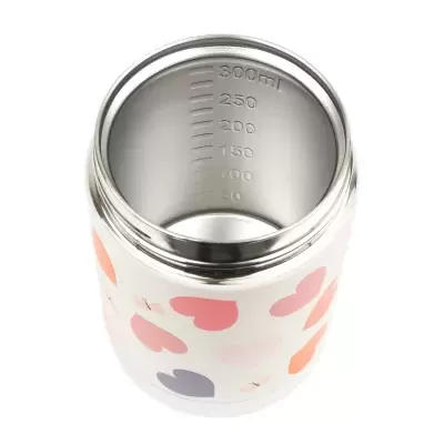 Recipiente térmico branco com corações coloridos e interior em inox com marcações de volume