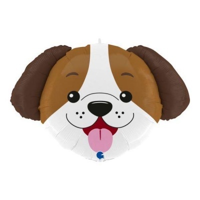 Balão de cabeça de cão em látex castanho e branco com língua de fora