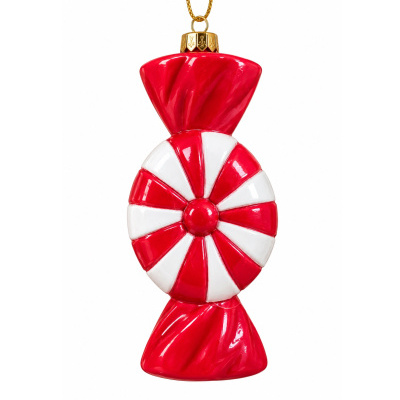 Enfeite de Natal em forma de doce vermelho e branco com padrão espiral