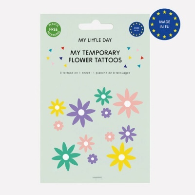 Pacote de tatuagens temporárias com flores coloridas e texto em fundo verde claro