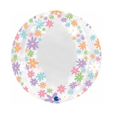 Prato plástico redondo decorado com flores coloridas.
