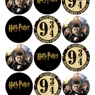 Botons de Harry Potter com logótipos e personagens em fundo preto e dourado