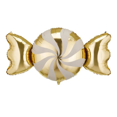 Balão metálico dourado em forma de doce com espiral branca no centro