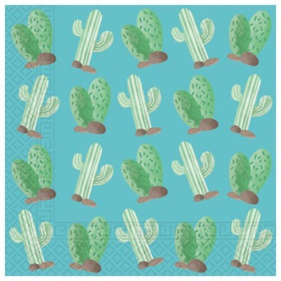 Guardanapo azul com padrão de cactos verdes e detalhes castanhos