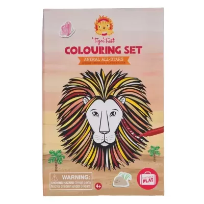 Embalagem de conjunto de colorir com ilustração de leão e texto Tiger Tribe COLOURING SET