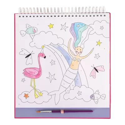 Livro de colorir com ilustrações numeradas e pincel roxo