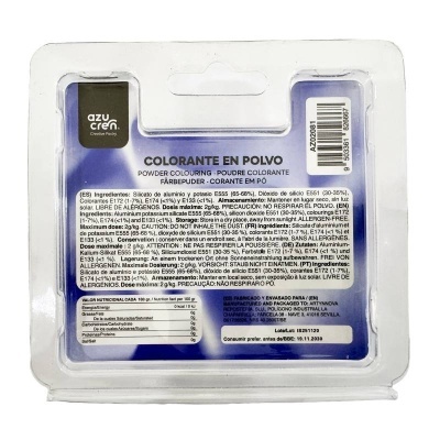embalagem de colorante em pó azucren com rótulo azul e branco