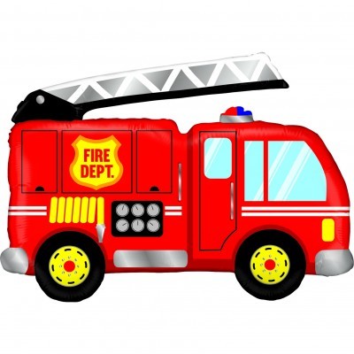 Balão em forma de camião de bombeiros vermelho com texto FIRE DEPT.